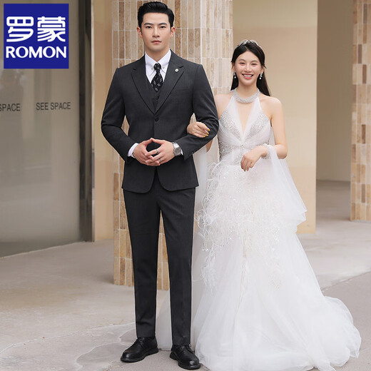 ROMON Wool Suit Suit Men's Business Casual Suit Men's Wedding Groom Groomsman Dress Professional Formal Jacket Single-breasted Dark Gray Three-piece Set Free Tie XL