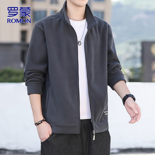 ROMON jacket men's autumn and winter jacket men's casual fleece jacket trendy polar fleece top men's dark gray XL