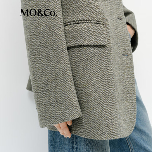 MO&Co. Suit Spring Retro Brown Green Herringbone Sheep Wool Padded Broad Shoulder Jacket MBE1BLA005 Green Mixed Color S