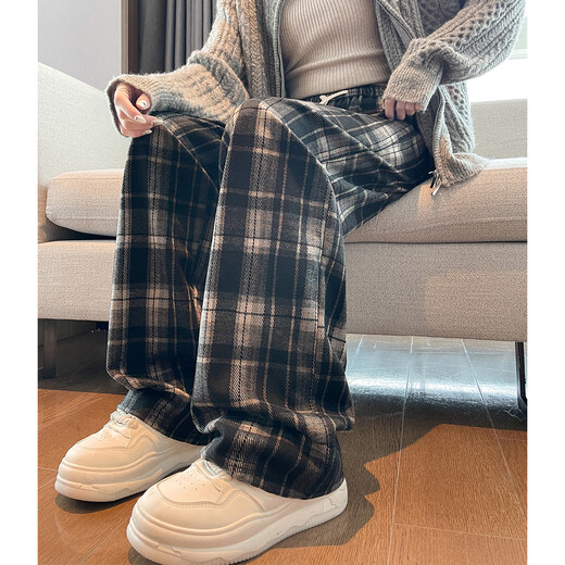 TonLion 2024 Women's Casual Slim Elastic Plaid Velvet Casual Pants Black Tone M