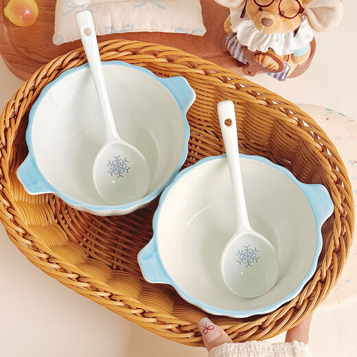High-looking snowflake bow ceramic double-ear soup bowl yogurt bowl underglaze color household tableware microwave instant noodle bowl Chuxue blue pumpkin double-ear bowl 1 high-temperature underglaze color material