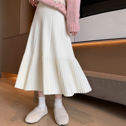 Yijian knitted pleated skirt for women in autumn and winter, small, high-waisted, slim, mid-length, a-line umbrella skirt, long skirt, versatile knitted pleated skirt, off-white - one size fits all (recommended 80-120 Jin Jin equals 0.5 kg)