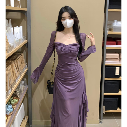 西儿气质辣妹风绝绝紫方领连衣裙女荷叶边拼接显瘦开叉气质包臀长裙 紫色连衣裙 L