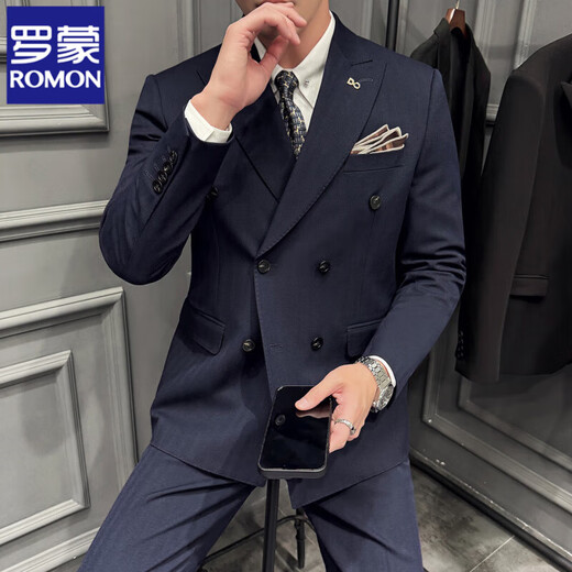 ROMON Autumn and Winter Thick Dark Striped Suit Men's Suit Korean Slim Fit Business Formal Easy-Care Three-piece Suit Burgundy (Single-piece Suit) XL (120-135Jin Jin equals 0.5kg)