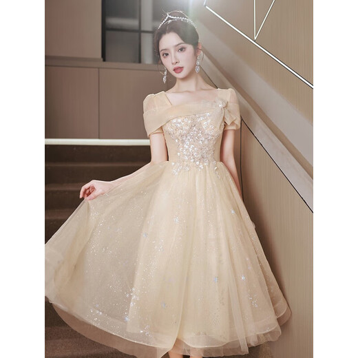 Maxbeth champagne color dress women's banquet evening dress 2025 new adult ceremony petite birthday niche high-end art test skirt champagne color mid-length M