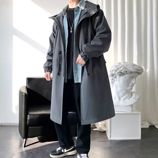 ROMON men's windbreaker mid-length business men's hooded coat loose large size men's autumn cloak khaki M