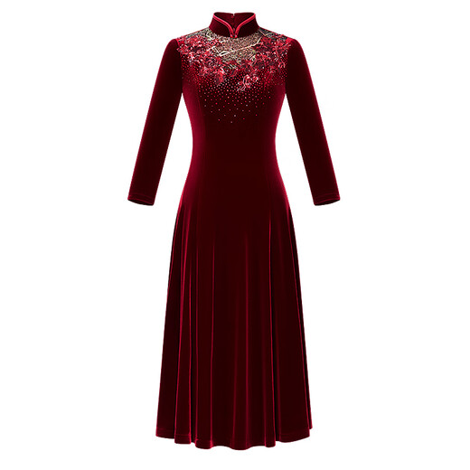 Fashionable Minglan Shijia New Chinese Cheongsam Dress for Mother-in-Law Wedding Dress for Mother-in-law Wedding Banquet Daily Wear High-end Wedding Dress Red 8 (Long Sleeve) L