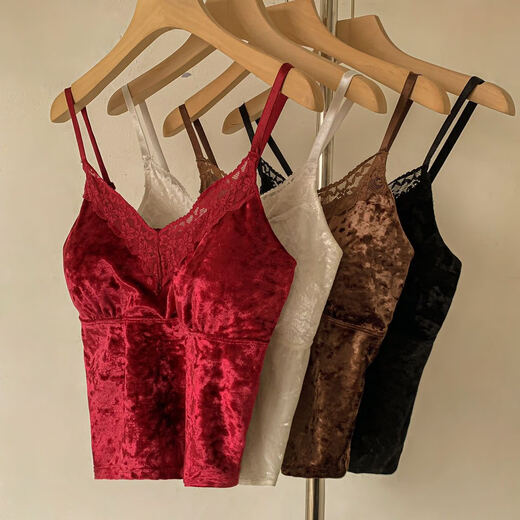 Landolan French sexy gold velvet pure lust lace camisole for women with breast pads, high-end slim bottoming top, white, one size fits all