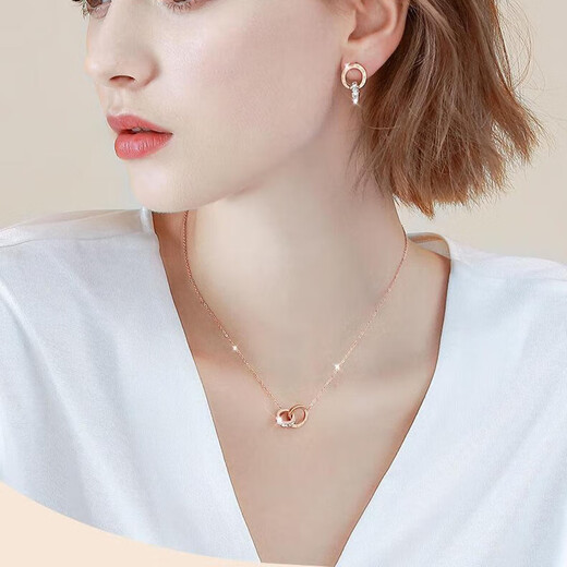 Farcoko brand rose gold double ring necklace women's clavicle chain fashion jewelry Valentine's Day birthday gift for girlfriend and wife double ring necklace - rose gold free engraving