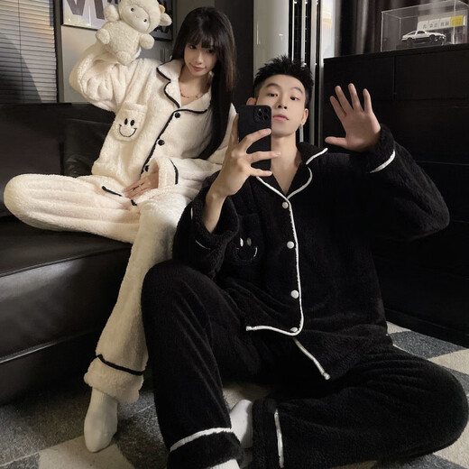 Modal Couple Pajamas Women's Winter Coral Fleece Thickened Cartoon Cute Men's Loose Autumn and Winter Home Clothes Set W1008 Black + White One Set for Men and Women M Women + Men 3XL