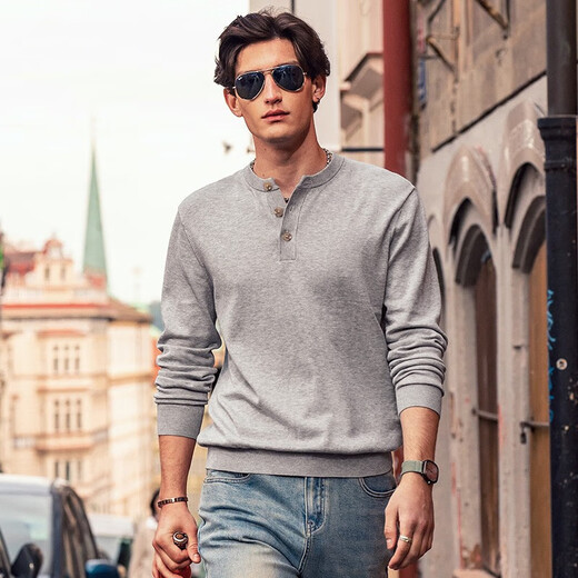 Mr. Bu Henry Collar Cotton Sweater Long Sleeve Men's 2023 Spring and Autumn New Retro Casual Men's Wear Light Gray XL (180)