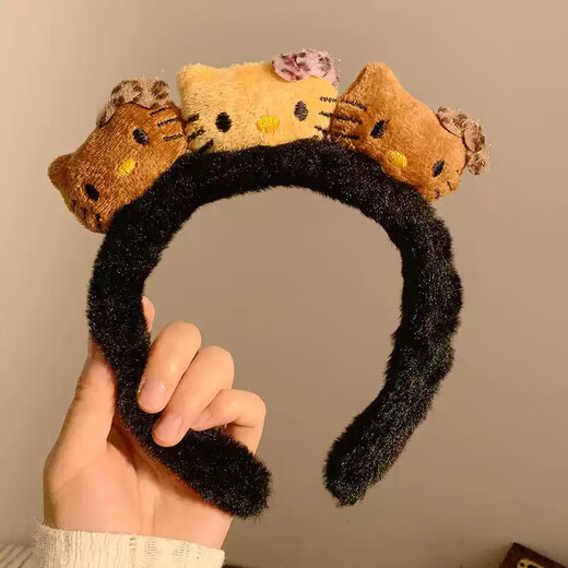 Cat ear plush headband leopard print KT cat sauce headband women's face wash makeup headband cartoon hair accessories tiger stripe white cat/