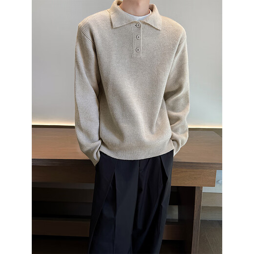 TOM ADAM Henry Collar Knitted Polo Shirt Men's Sweater Apricot Regular L