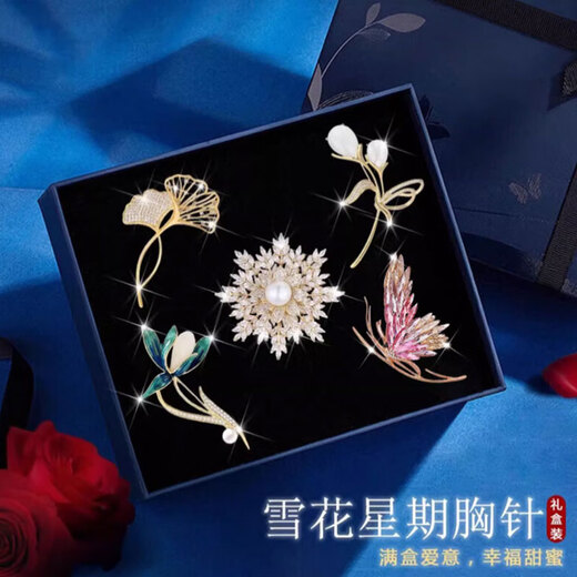 Jingshengya Zhou brooch women's high-end corsage suit suit accessories light luxury temperament women's birthday gift girls practical high-end brooch five-piece set gift box