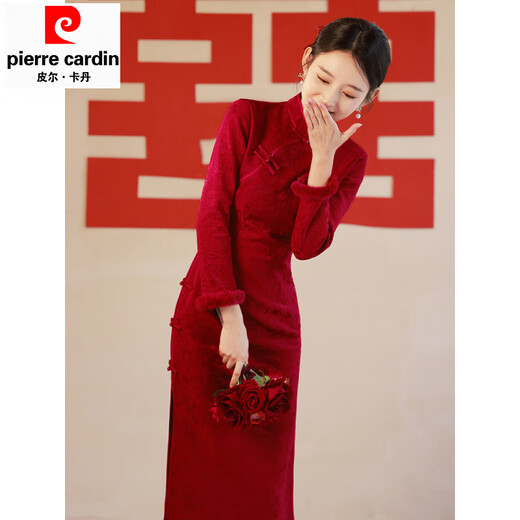 Pierre Cardin red dress skirt winter plus velvet autumn and winter cheongsam bride wedding casual toast dress winter 2025 new engagement burgundy main picture plus velvet XL