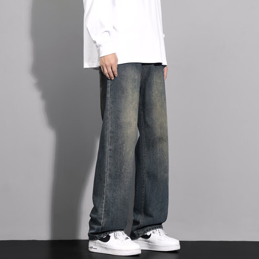 MAYBEYOND jeans men's American fashion brand high street workwear straight pants loose casual wide leg pants MA46 blue XL