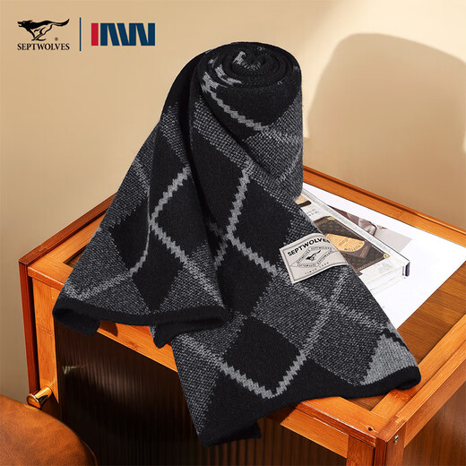 SEPTWOLVES 100% cashmere men's scarf autumn and winter new style scarf high-end Mid-Autumn Festival gift for boys and young men for boyfriend, black and gray 100% cashmere gift box + ghostwritten greeting card 180*30CM