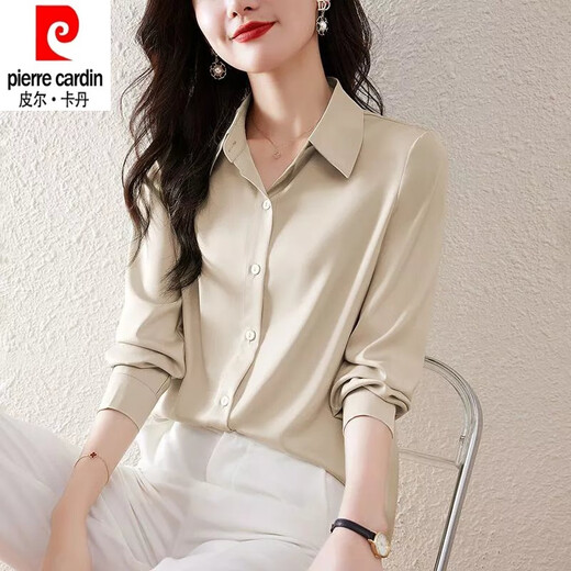 Pierre Cardin heavyweight acetate silk long-sleeved shirt for women 2026 spring and autumn new style versatile solid color mulberry silk shirt for women dark blue L 100-110Jin Jin equals 0.5 kg