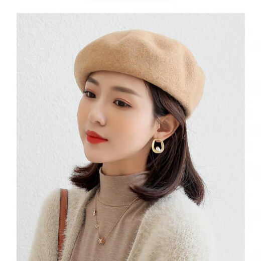 Gu Wenlun's hat with wig for middle-aged and elderly women in autumn and winter, shoulder-length short hair, Internet celebrity woolen beret, versatile short, khaki hat, shoulder-length short hair, light brown + hairnet