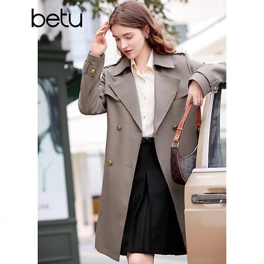 Betu nuevo cortavientos de primavera para mujer, cortavientos de longitud media con solapa delgada retro británica para mujer 2401T50 color avena M