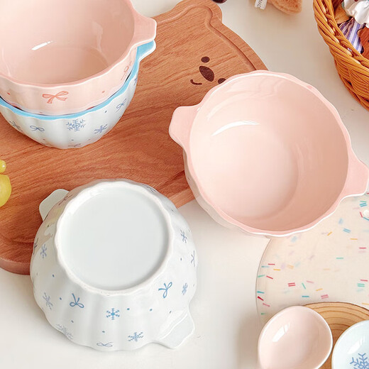 High-looking snowflake bow ceramic double-ear soup bowl yogurt bowl underglaze color household tableware microwave instant noodle bowl Chuxue blue pumpkin double-ear bowl 1 high-temperature underglaze color material