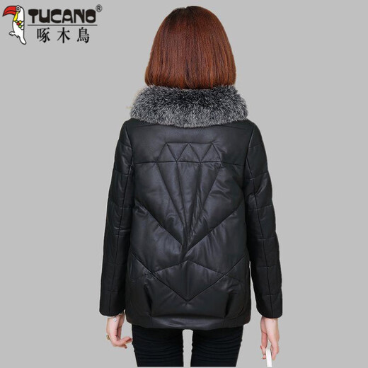 Woodpecker Large Fur Collar Leather Jacket Women's 2025 Autumn and Winter New Korean Style Leather Cotton Jacket Short Thickened Cotton Jacket Gray M Recommended 95-110Jin Jin equals 0.5 kg