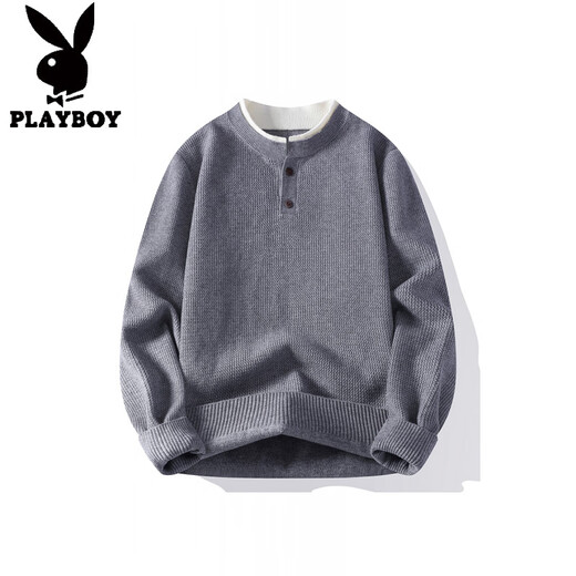 Playboy (PLAYBOY) heavy fake two-piece sweater for men winter 2025 American retro sweater thickened warm henley collar sweater jacket light gray XL