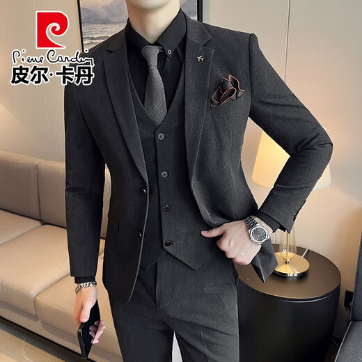 皮尔卡丹（pierre cardin）新郎西服套装男士商务职业正装结婚礼服痞帅休闲修身大码西装男 SJT9889黑色三件套(西服+西裤+马甲) M 身高155-170\体重90-110斤