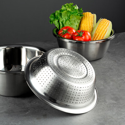 Onlycook304 stainless steel basin sieve set Large thickened drain basket vegetable basin rice sieve and basin 5-piece set