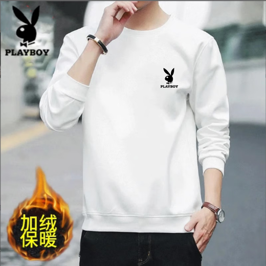 Playboy (PLAYBOY) men's sweatshirt long-sleeved tops plus velvet bottoming shirt men's spring and autumn new simple round neck pure cotton loose large size sweatshirt black regular style XL (recommended 115-125Jin Jin equals 0.5 kg)