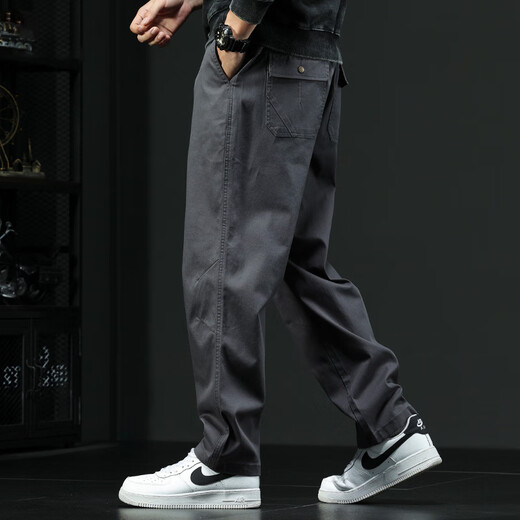 Luo Meng American retro overalls men's casual pants summer new versatile loose large size straight long pants men's pants dark gray XL 150-170Jin Jin equals 0.5 kg