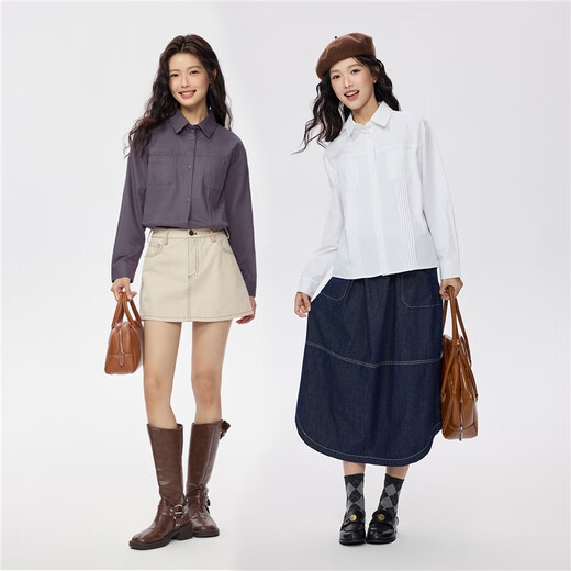 Giordano 2026 spring new pure cotton commuter pleated double pocket lapel long-sleeved shirt for women 05345866