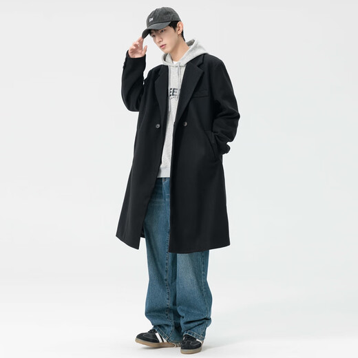顶峰保罗（Dingfengbaoluo）毛呢大衣外套男秋冬中长款韩版高级宽松过膝呢子风衣HT88黑色5XL