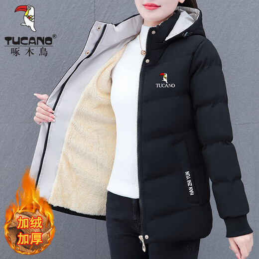 Woodpecker (TUCANO) women's winter new warm hooded jacket small cotton jacket plus velvet thickened cotton coat slimming middle-aged and elderly mother's wear brick red L recommended 95-110 Jin Jin equals 0.5 kg