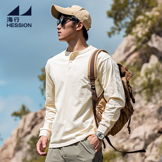 Haixing beige 300g pure cotton closed long-sleeved henley shirt men's winter casual commuting bottoming t-shirt trendy new beige XL