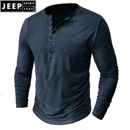 JEEP SPIRIT European and American men's distressed henley shirt retro long-sleeved T-shirt large size men's button washed distressed bottoming shirt top light gray 2XL (185-205Jin Jin equals 0.5 kg)