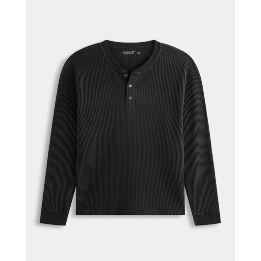 Abercrombie & Fitch Men's 25 Autumn and Winter New American Style Versatile Cotton Waffle Henley Collar Knitted Long-Sleeve T-Shirt 124-5645 Black XL (180/116A)
