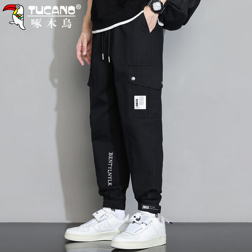 Woodpecker (TUCANO) overalls men's ankle-tie spring pants men's loose casual pants men's sports small-footed men's pants black XL