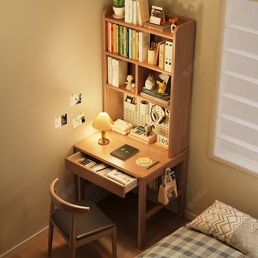 Huixun solid wood desk with bookshelf student home study table hole board computer desk small apartment bedroom bedside writing desk black walnut color #desk + bookshelf 70cm*60cm*75cm total height 190cm
