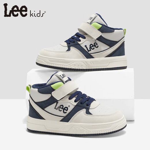 LEE KIDS children's shoes winter new children's velvet warm casual shoes for girls versatile high-top sneakers cotton shoes for boys and girls beige gray blue 33 recommended foot length 200mm