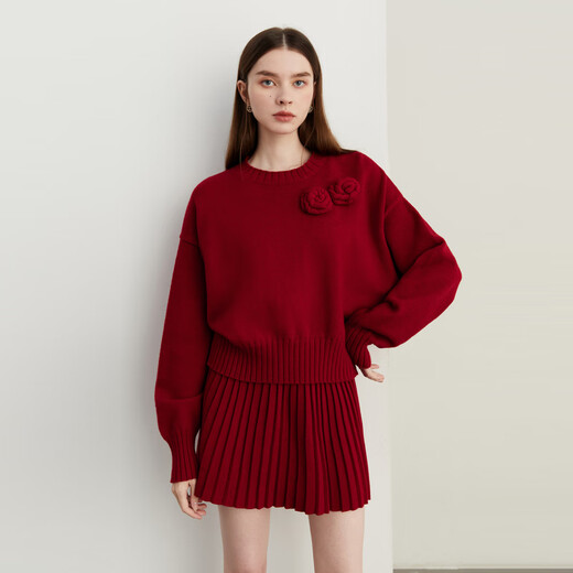 DPLAY2025 Autumn New Casual Red Round Neck Flower Design Sweater Knit Top Long Sleeve Women Ankora Red-Top XL