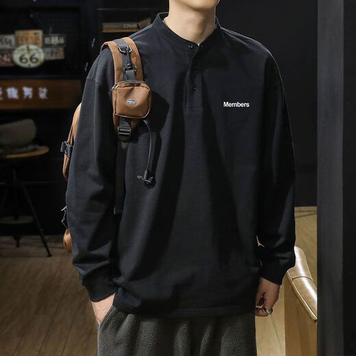 Qisiman American classic retro 350g heavyweight sweatshirt men's long-sleeved autumn and winter British style Henry collar POLO shirt for men white autumn clothing regular M recommended 90-115Jin Jin equals 0.5 kg