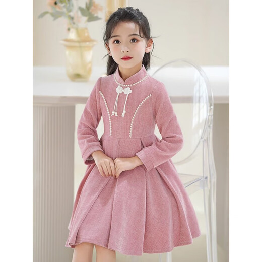 Girls dress winter girls dress autumn and winter little girl Chinese style retro princess dress children beautiful red plus velvet (without pendant) 100 cm