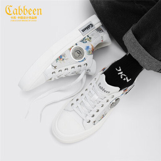 Carbin men's shoes genuine summer new breathable casual board shoes men's fashionable low-top canvas shoes men's printed shoes men's trendy shoes white 40 [=sports shoes size 41]