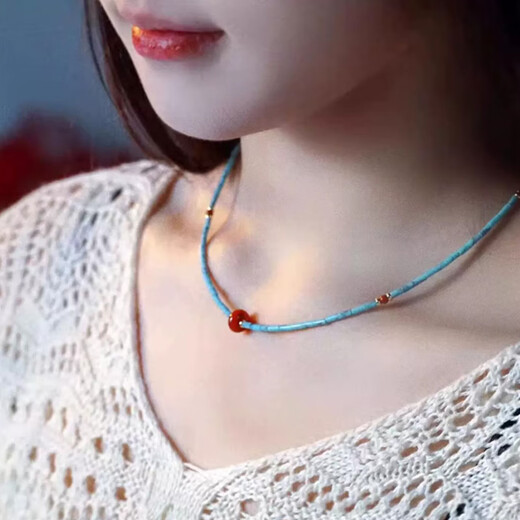 Baozha Natural Turquoise Southern Red Necklace Women's New Chinese Style National Style Clavicle Chain Niche Beaded Exquisite Temperament Necklace Summer Round Bead Turquoise Necklace - About 46cm long