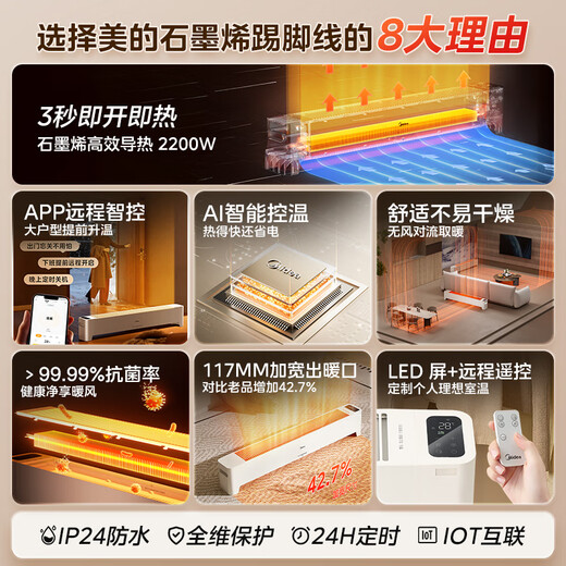 Midea APP smart graphene home baseboard heater remote control electric heater bathroom instant electric heater energy-saving heater whole house heating HDS22LYR