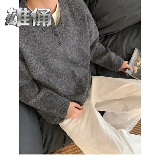 Male figure gray henley collar sweater men's autumn and winter trendy brand lazy style knitted sweater cleanfit bottoming shirt GT6 light gray regular XL