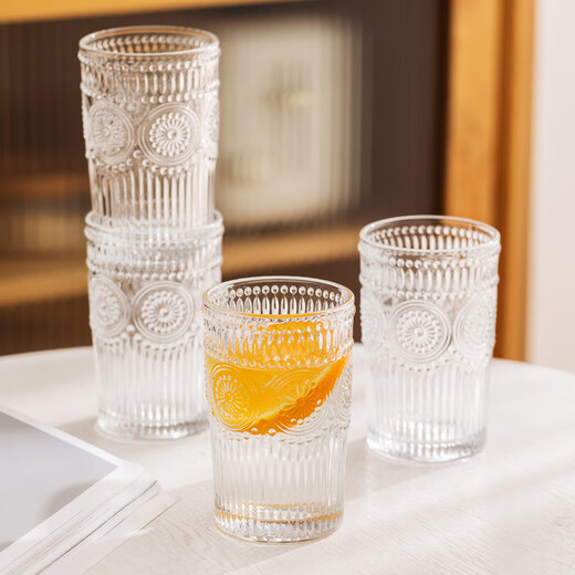 Modern housewife No details Glass embossed household water cup set Women's ins style cup Summer coffee cup complete set Small flower low cup 300ML (six pieces) + cup holder set