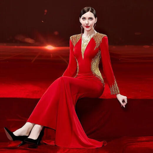 Mishid Annual Meeting Host Dress Skirt Women's Banquet Evening Dress Skirt 2025 New Fishtail Niche Feel Host Performance Costume Red XS One Size