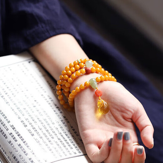 Longyin Baltic Sea Beeswax Bracelet Natural Amber Bracelet Women's 108 Buddha Beads Rosary Birthday Gift YJ 7mm